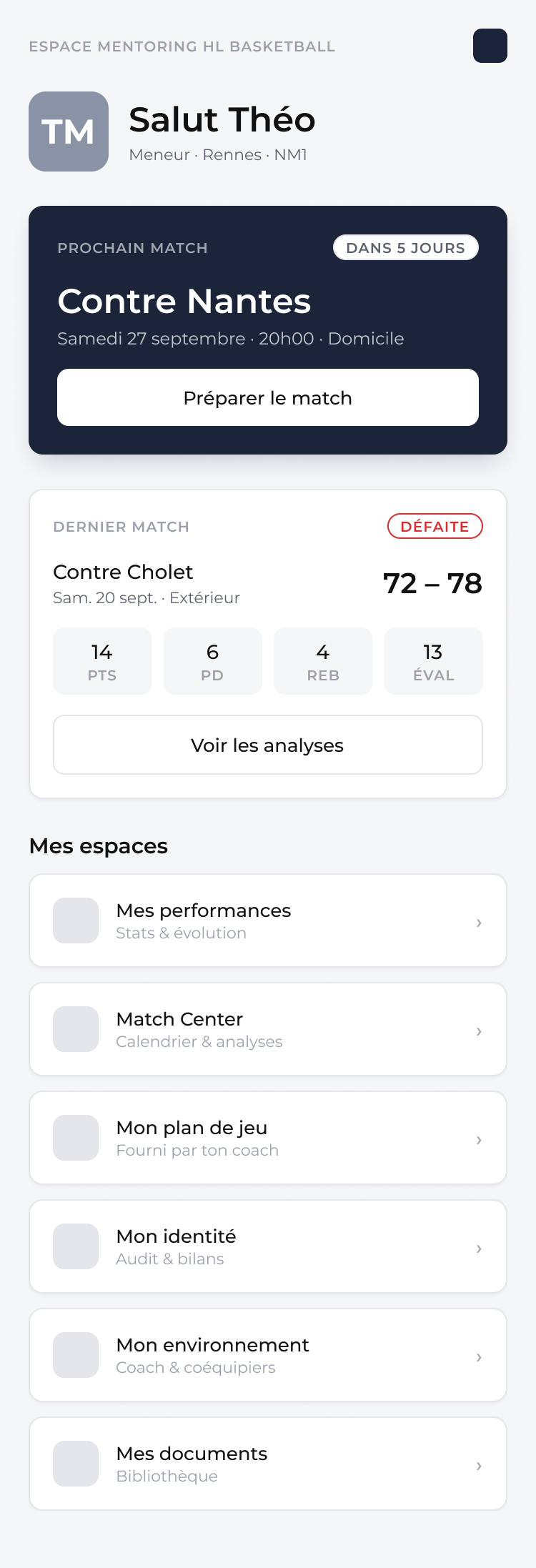 Maquette Hi-Fi de l'accueil mobile de l'Espace Joueur HL Basketball
