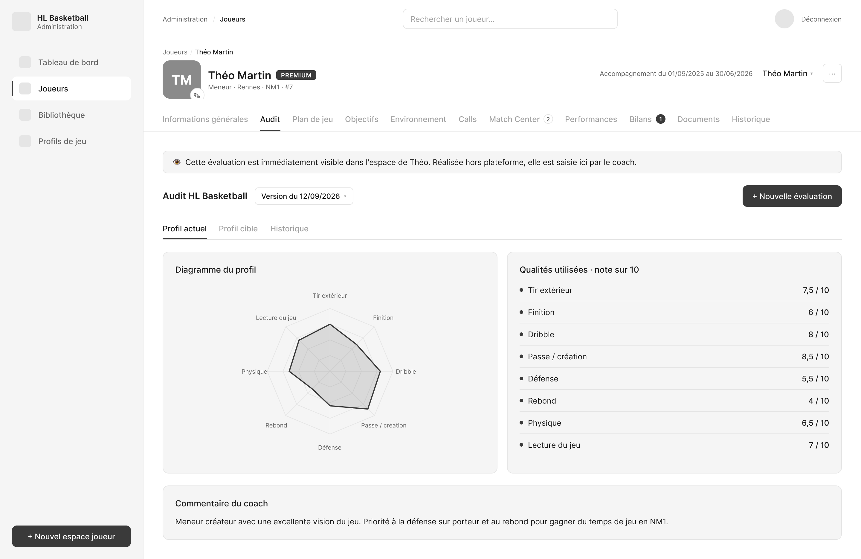 Wireframe Low-Fi de la fiche joueur — audit radar — de l'Espace Admin HL Basketball