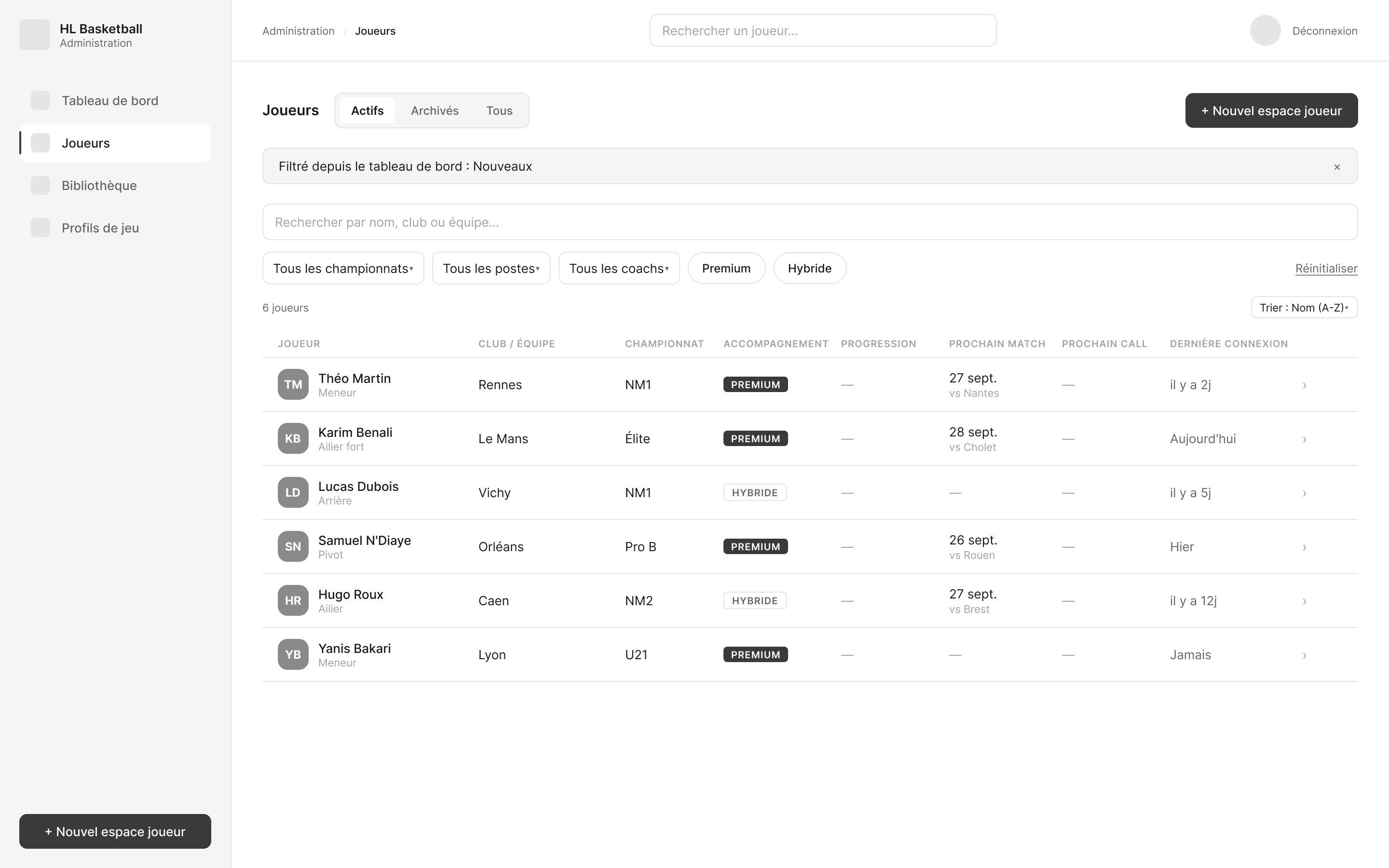 Wireframe Low-Fi de la liste des joueurs de l'Espace Admin HL Basketball
