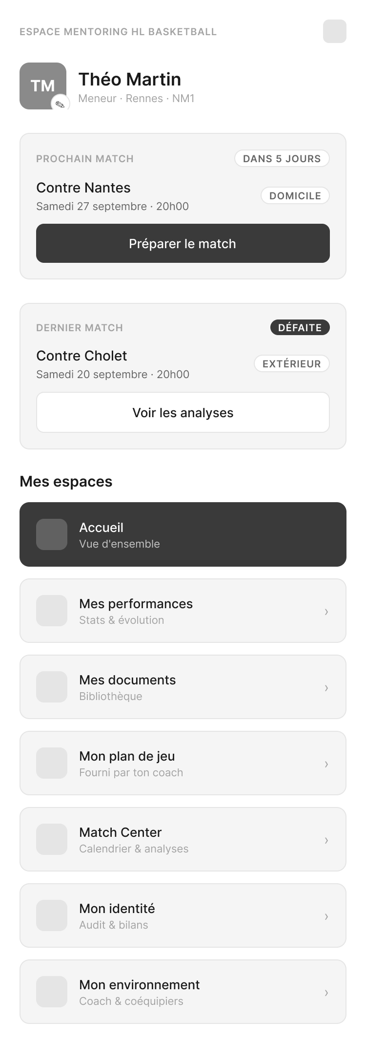 Wireframe Low-Fi de l'accueil mobile de l'Espace Joueur HL Basketball