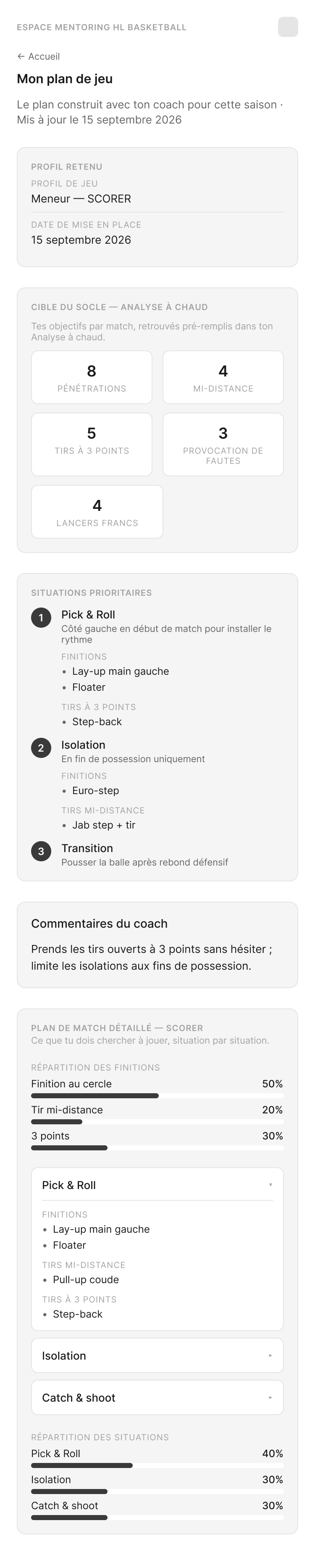 Wireframe Low-Fi du plan de jeu mobile de l'Espace Joueur HL Basketball
